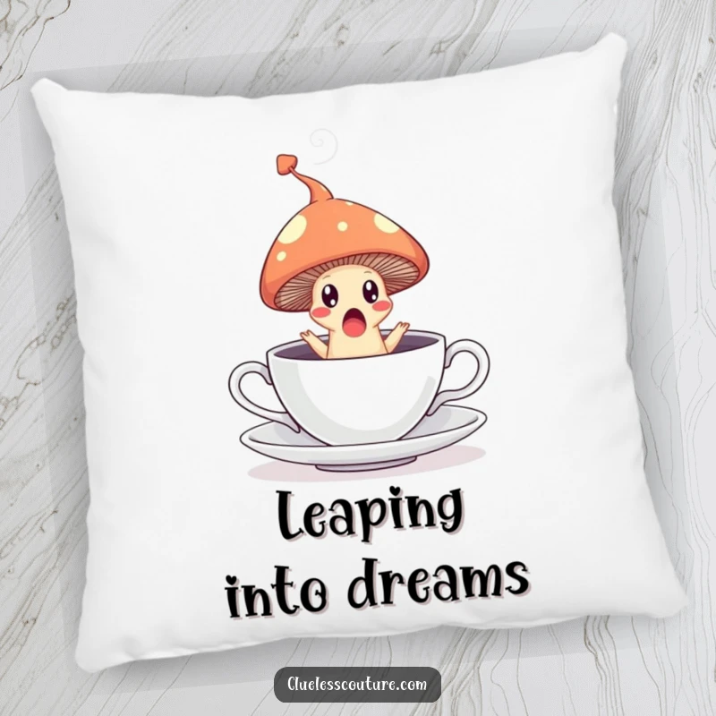 Funny decorative pillow with a surprised mushroom leaping from a teacup, leaving a steam trail, soft and whimsical.