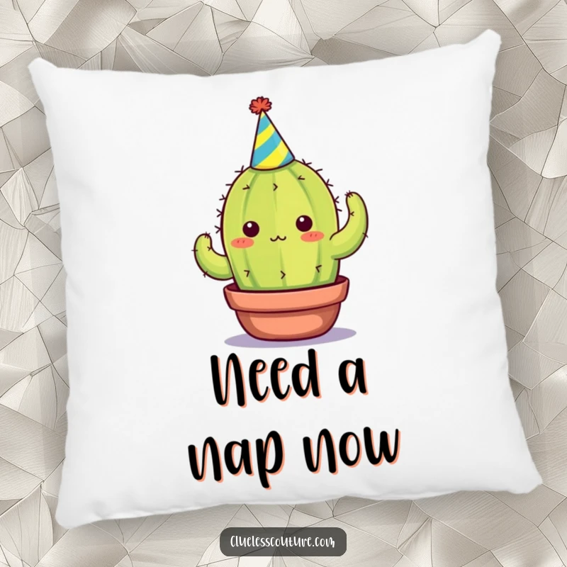 Funny pillow featuring a cute, overwhelmed cactus in a tiny party hat, perfect for expressing relatable social anxiety, a funny gift.