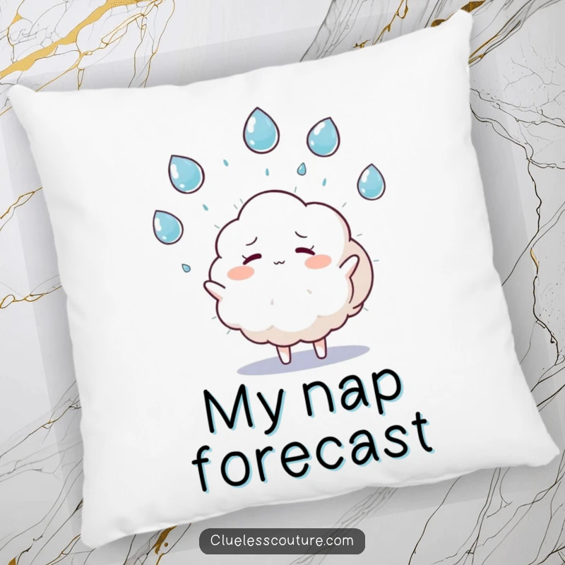 Funny pillow featuring a fluffy cloud character humorously juggling raindrops and looking overwhelmed, offering comfort and a smile.