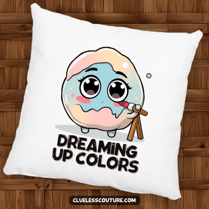 Funny pillow design of a paint blob with googly eyes hilariously painting itself, bringing artistic humor and comfort.