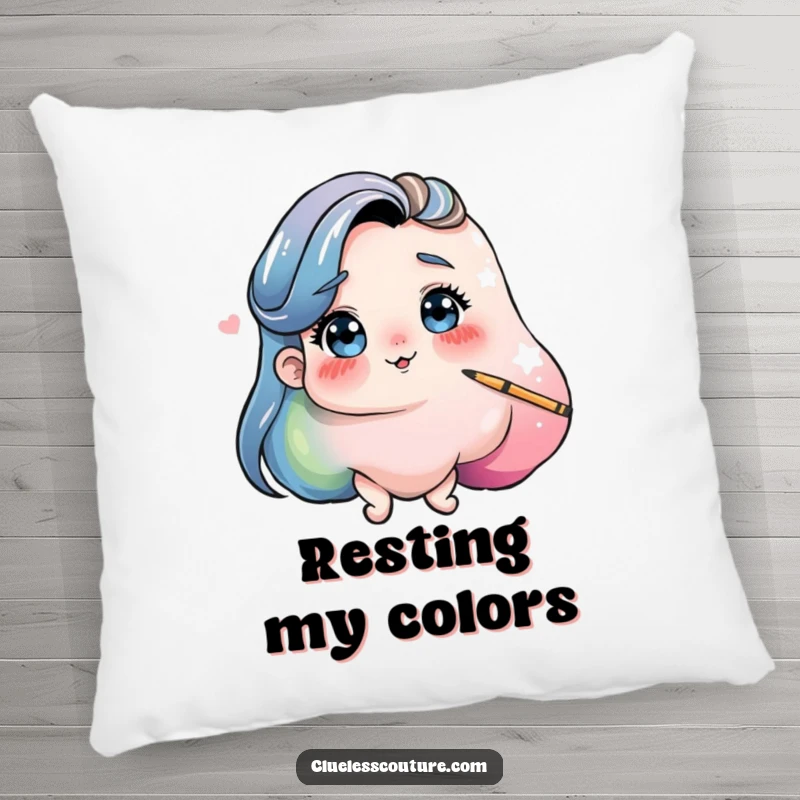 Funny pillow with a playful blob of paint comically attempting to paint its own self-portrait, soft and artistic.