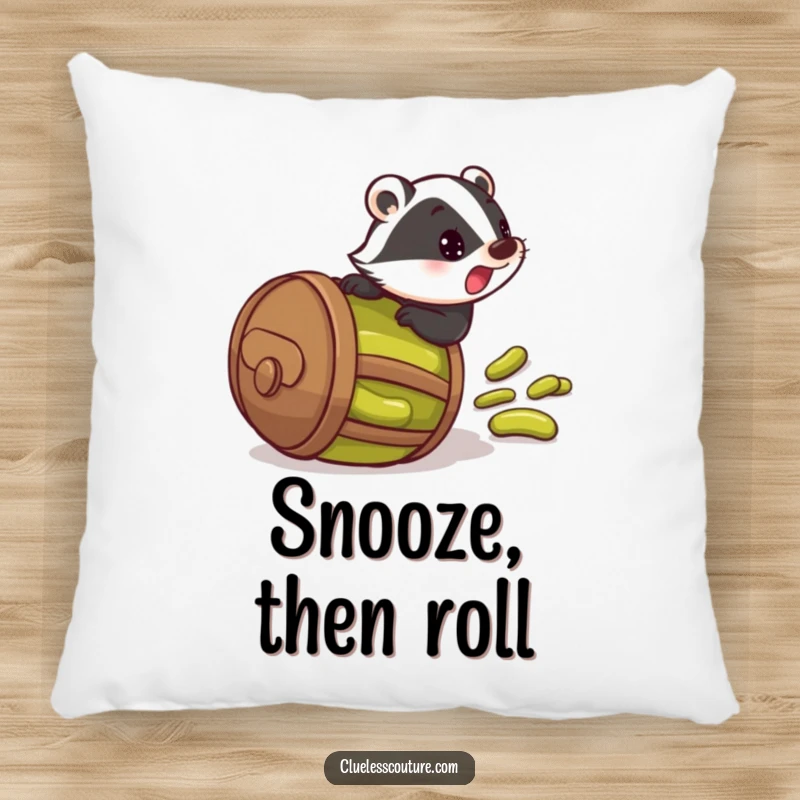 Funny decorative pillow with a startled badger rolling downhill in a barrel of pickles, soft, humorous, and delightfully absurd.
