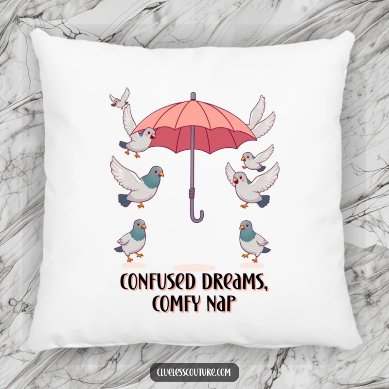 Funny surprised pigeons attempting to fly in opposite directions from a single, tiny umbrella, adding cozy humor to this decorative pillow.