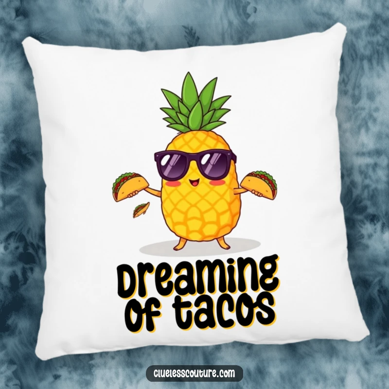 Funny pineapple with sunglasses juggling tiny tacos, a soft pillow for cozying up with a smile.
