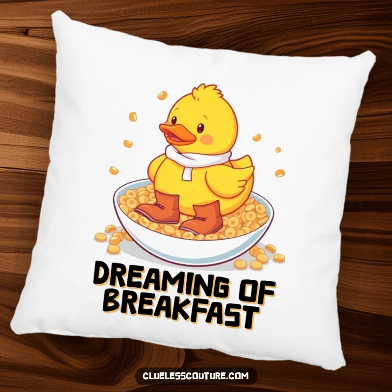 Funny rubber duck with big boots wading in a giant cereal bowl, a plush pillow for comfort and laughs.