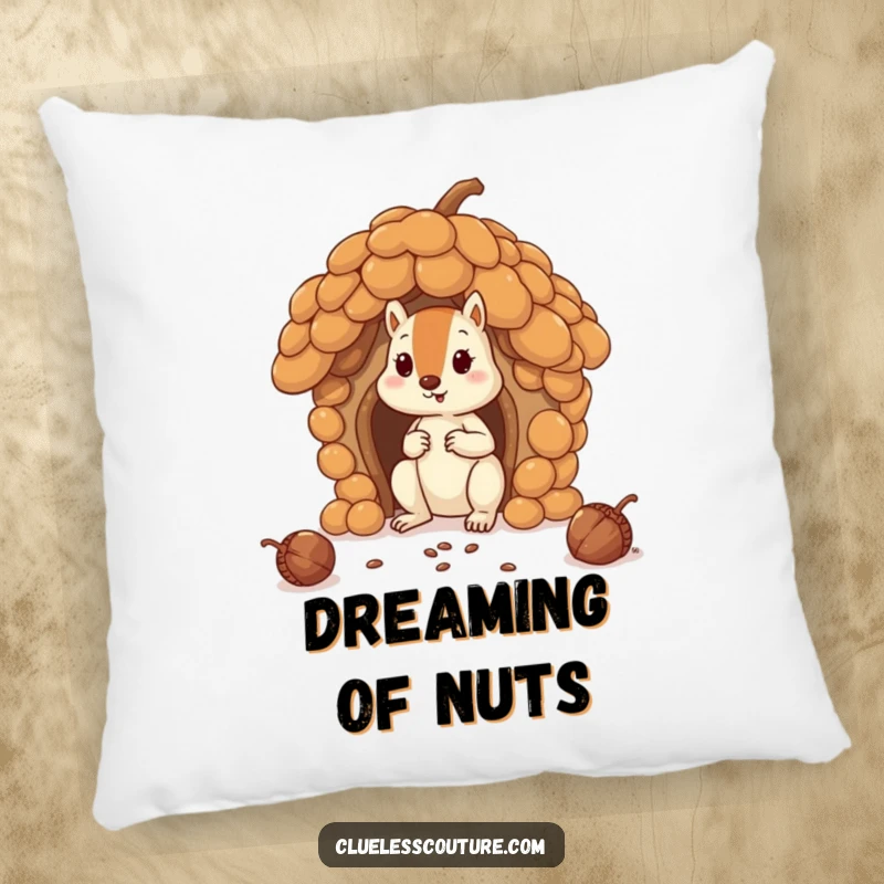 Funny squirrel hilariously attempting to build a house with oversized acorns, depicted on a soft pillow for a funny gift.