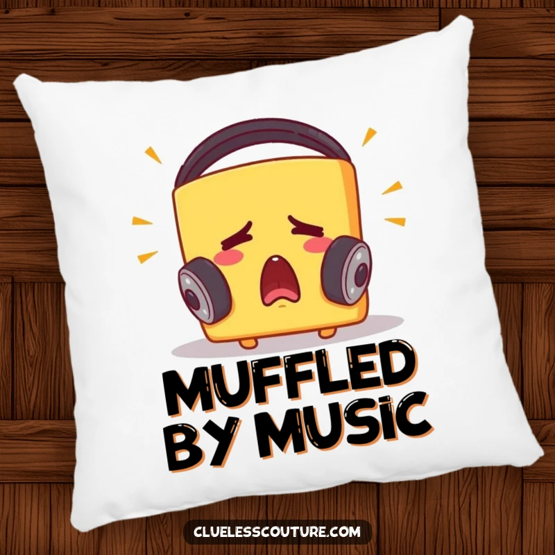 Funny pillow showcasing a startled cheese block wearing headphones, its expression of surprise at loud music making it a cozy room accent.