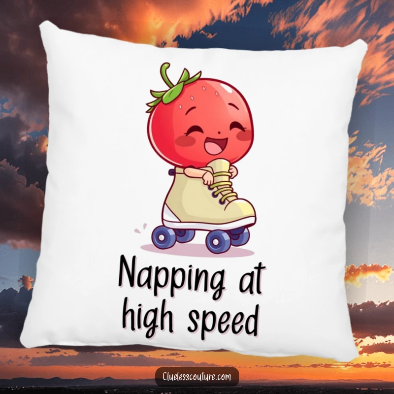 Funny giggling strawberry character riding a runaway roller skate, a soft and humorous decorative pillow.