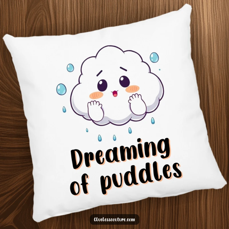 Funny pillow with a surprised cloud comically juggling raindrops with its fluffy hands, offering comfort and a touch of lighthearted humor.