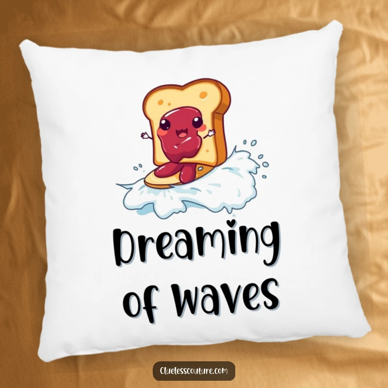 Funny decorative pillow with a piece of toast surfing on a wave of jam, soft, humorous, and breakfast-themed.
