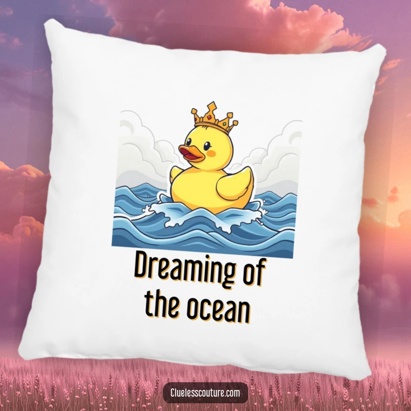 Funny pillow featuring a crowned rubber ducky triumphantly floating on stormy seas, providing comfort with a humorous and regal theme.
