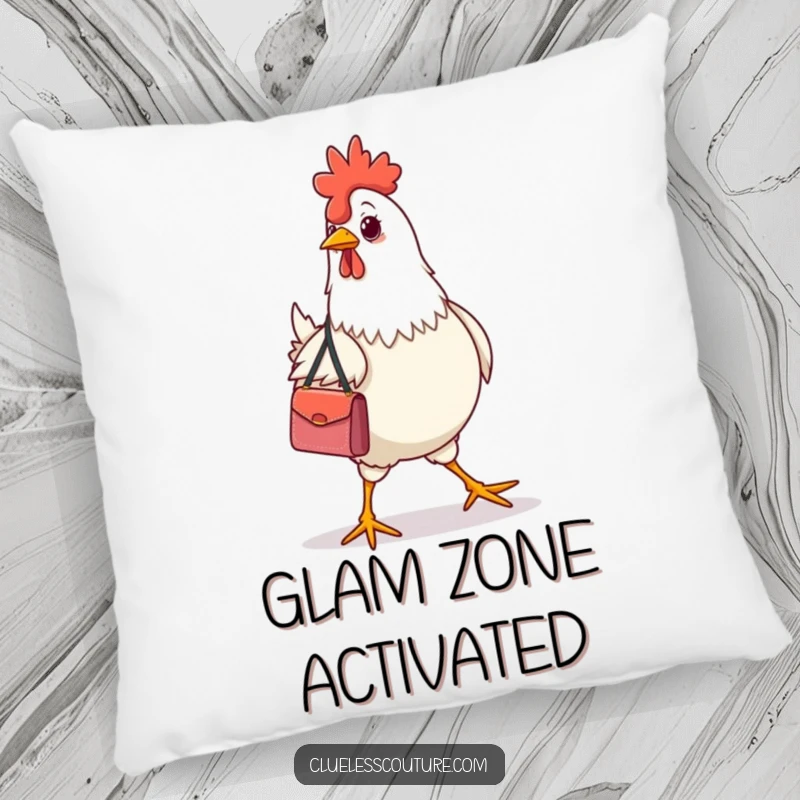 Funny chicken wearing a designer handbag, strutting proudly, on a soft pillow, bringing chic humor.