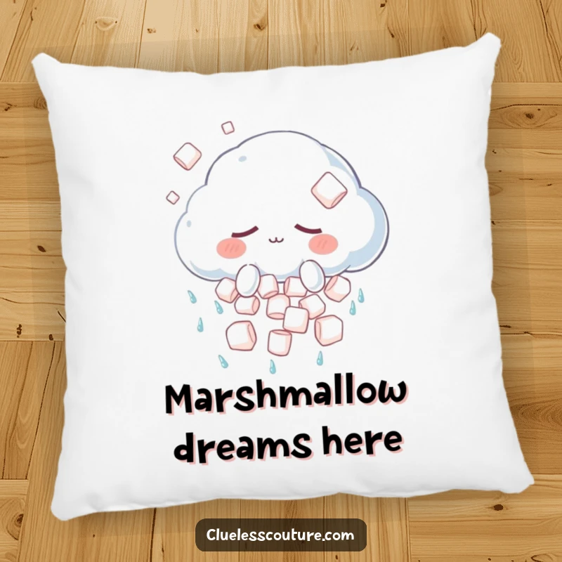 Funny pillow featuring a sleepy anthropomorphic cloud character accidentally showering marshmallows, offering comfort and a sweet, humorous touch.