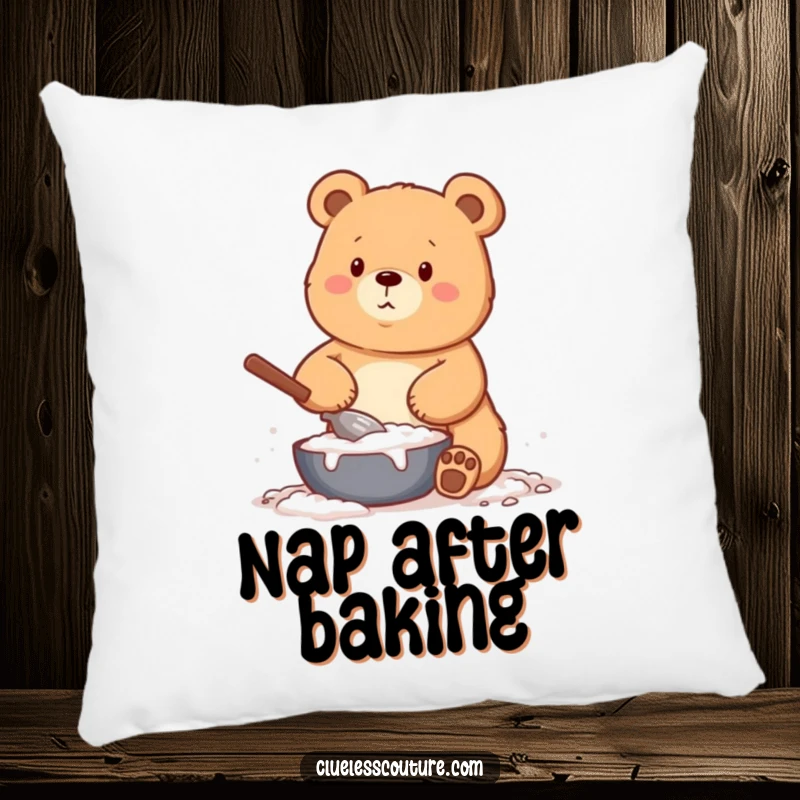 Funny pillow design showing a bear hilariously covered in flour while baking, a charming and humorous home decor piece.