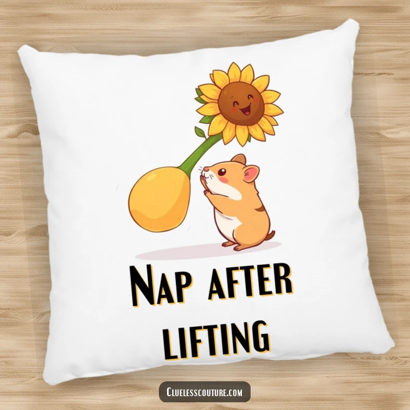 Funny hamster pillow with a hamster attempting to lift a gigantic sunflower seed, offering comfort and a touch of humorous workout motivation.