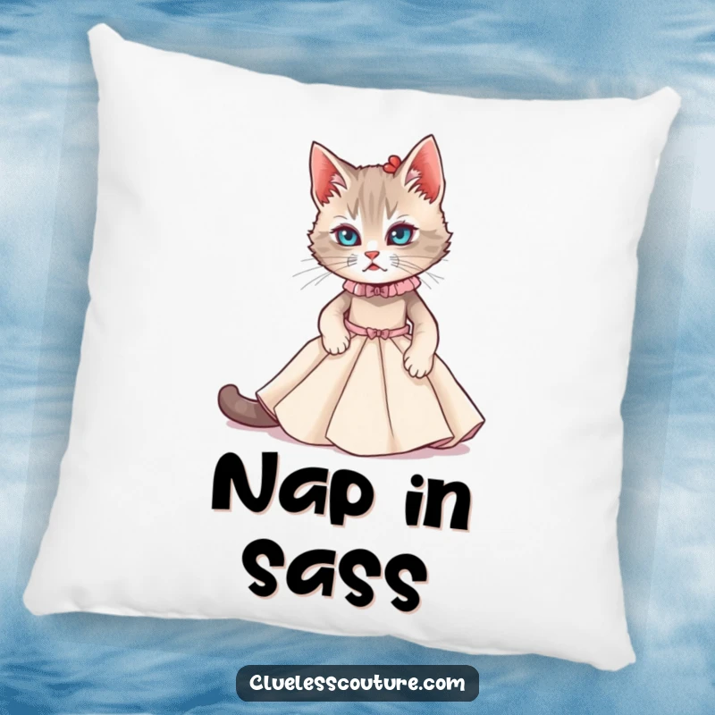 Funny pillow depicting a cat struggling to fit into a miniature couture gown, offering comfort and humorous decor.