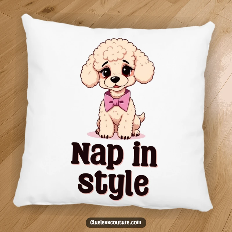 Funny pillow depicting a confused poodle attempting to tie a cravat, offering comfort and humorous decor.