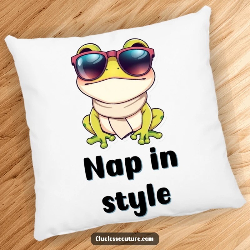 Funny pillow with a fashionable frog wearing oversized sunglasses and a small scarf, a soft, comfortable, and humorous decorative item.