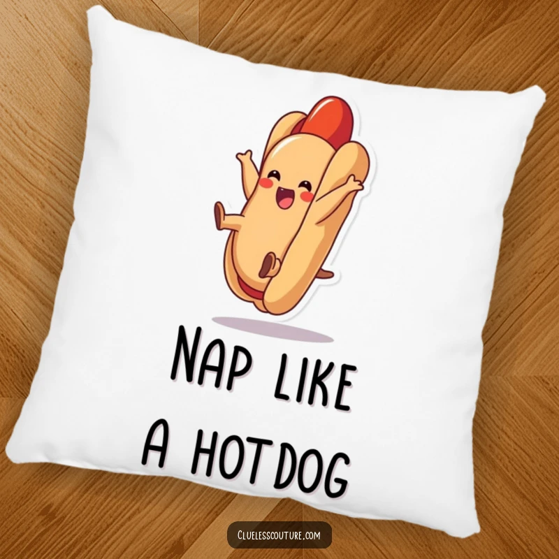 Funny hot dog pillow with a delighted hot dog doing a cartwheel inside its bun, offering comfort and playful vibes.