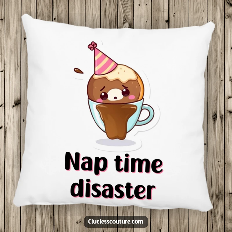 Soft pillow featuring a confused donut character wearing a party hat, falling into a coffee cup, bringing cute humor to relaxation.