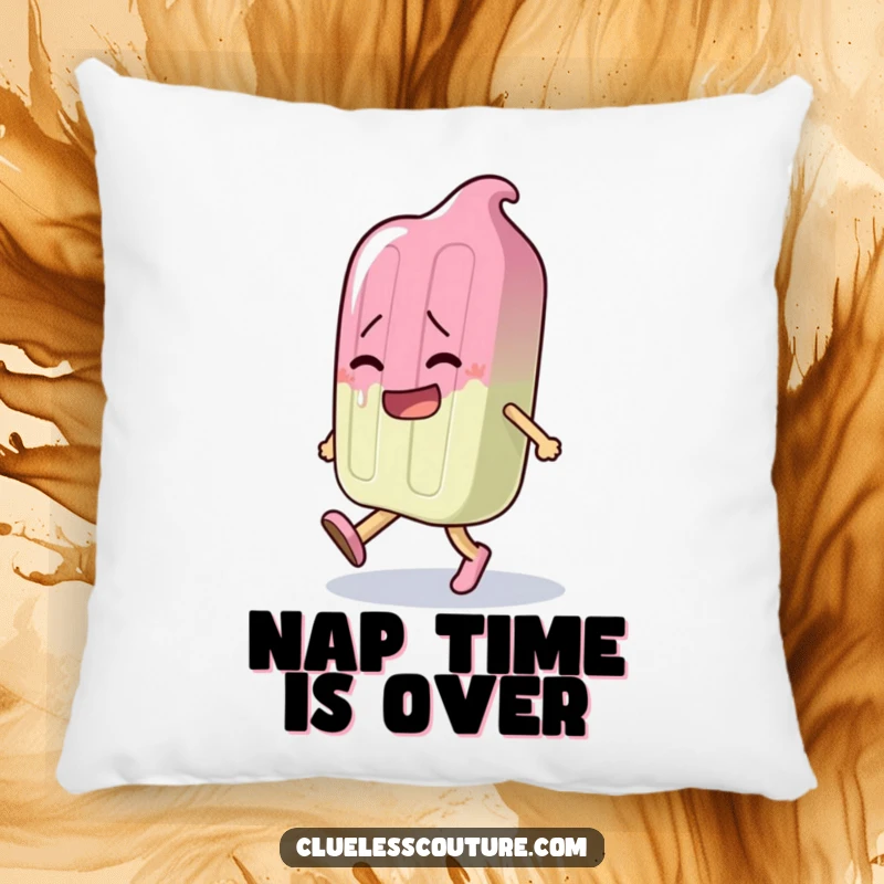 Funny pillow featuring a popsicle character melting dramatically while walking, adding a touch of humorous comfort.