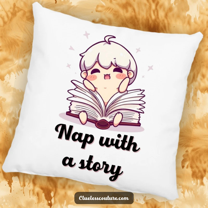 Funny pillow featuring a clumsy book character falling open with flailing pages.