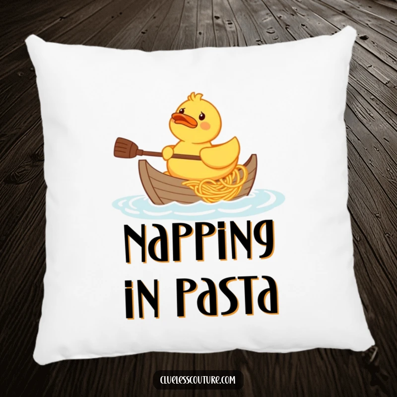 Funny confused rubber duck character trying to paddle a boat made of spaghetti, soft plush pillow for comfort.
