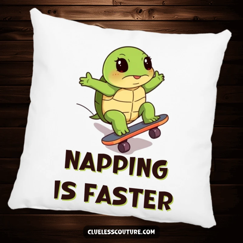 Funny pillow showing a turtle's comical, determined effort skateboarding uphill, a humorous and comforting addition to any room.