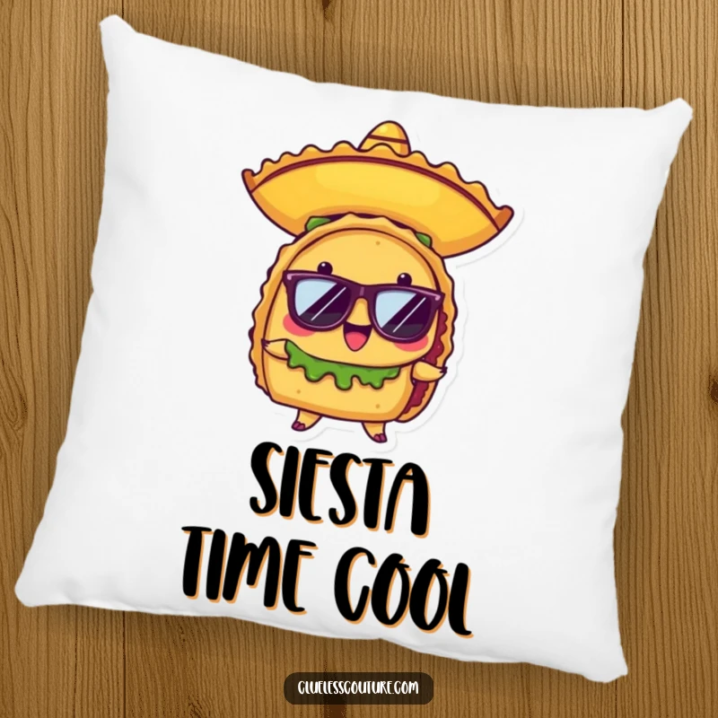 Funny pillow featuring a proud anthropomorphic taco character wearing a tiny sombrero and sunglasses, offering comfy, festive charm.