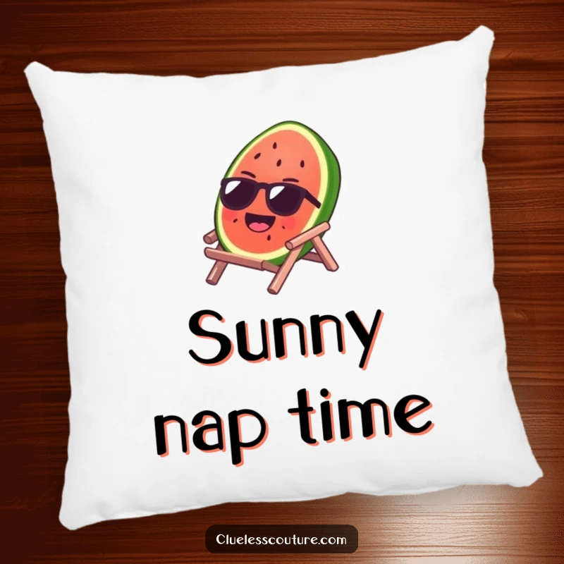 Funny pillow featuring a laughing watermelon slice with sunglasses on a tiny beach chair, a cozy and humorous accent for any room.