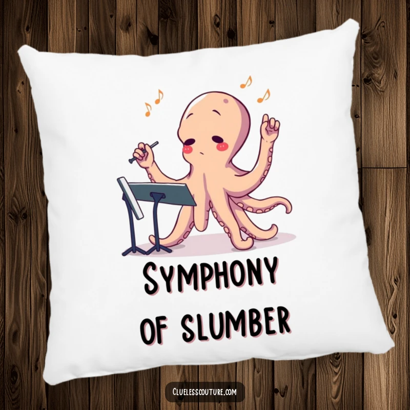 Funny pillow showcasing a confused octopus with eight arms flailing, humorously directing an orchestra, adding comfort and laughs.