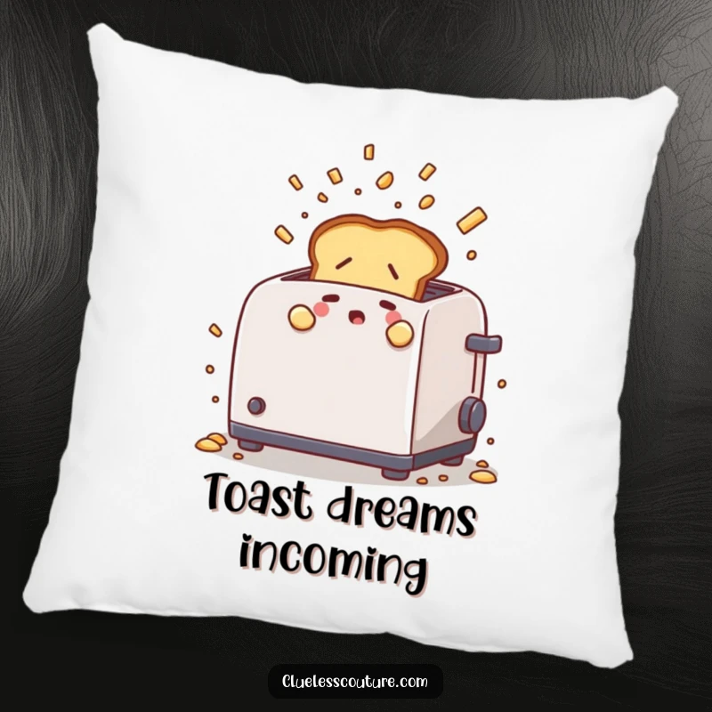 Funny pillow depicting a nervous toast popping out of a toaster with flying crumbs, providing comfort and a humorous breakfast-themed touch.