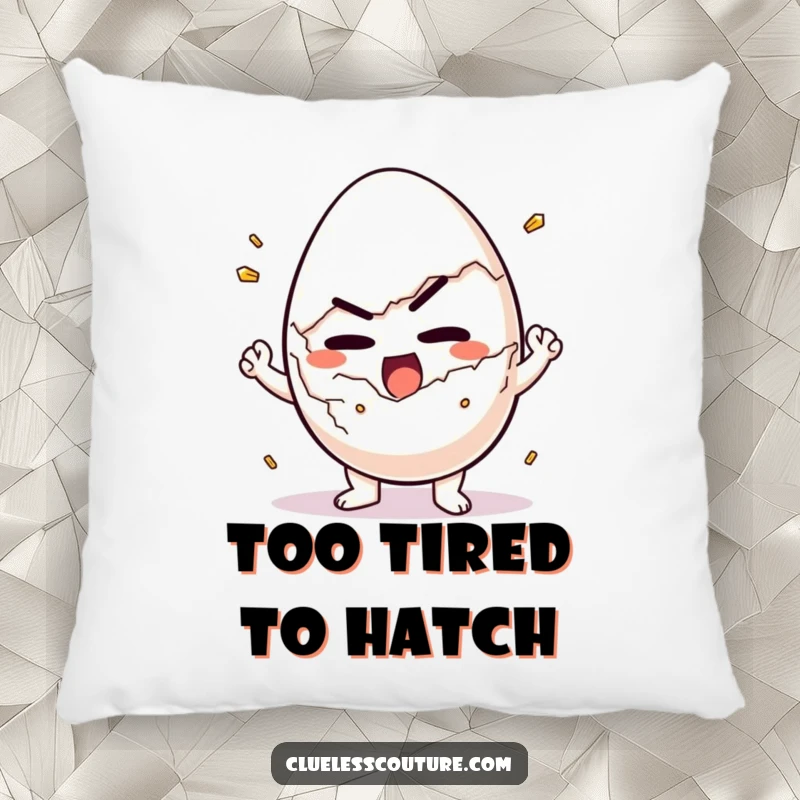 Funny pillow depicting a determined egg character attempting to crack itself open, adding humorous comfort.
