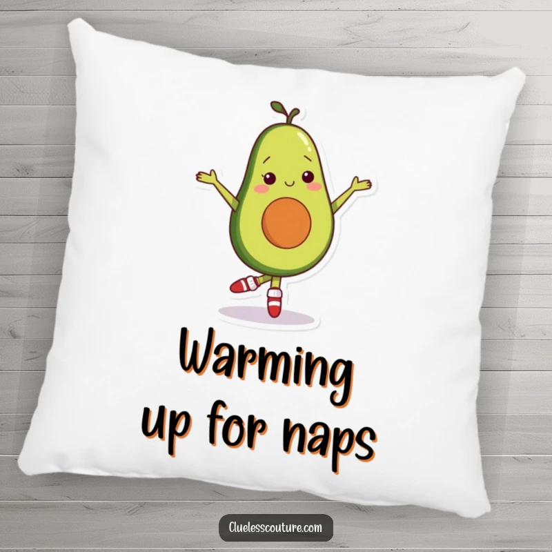 Soft pillow featuring a shy avocado character wearing mismatched socks, awkwardly attempting a ballet move, bringing cute humor to relaxation.