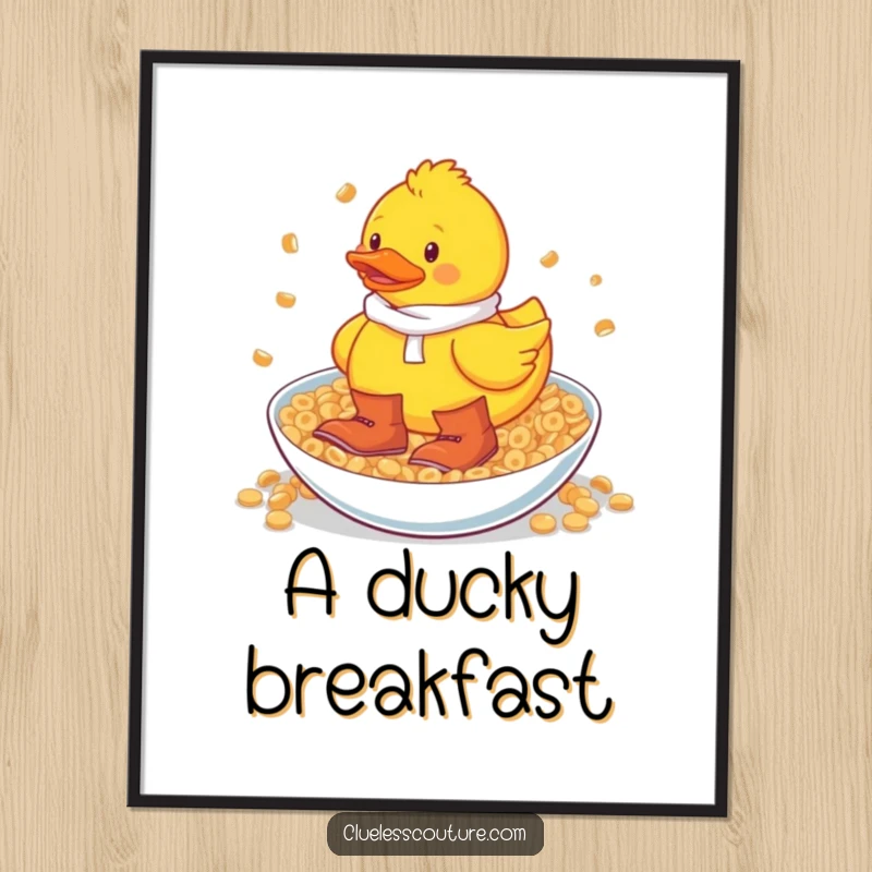 Funny rubber duck in oversized boots wading through a massive bowl of breakfast cereal, a humorous digital art print.