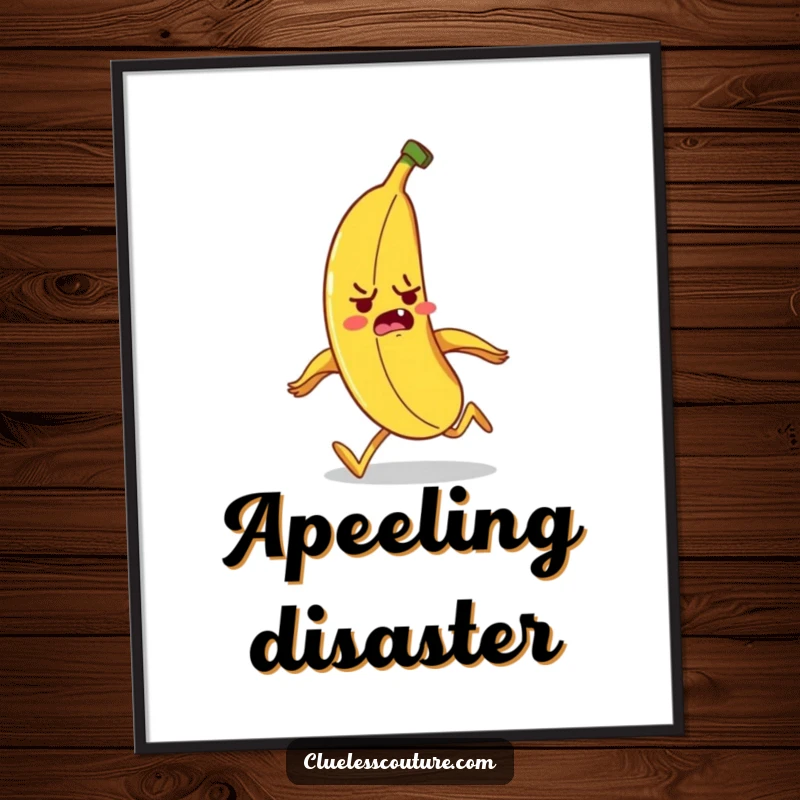 Funny banana character tripping over its peel while running, a humorous digital illustration for download.