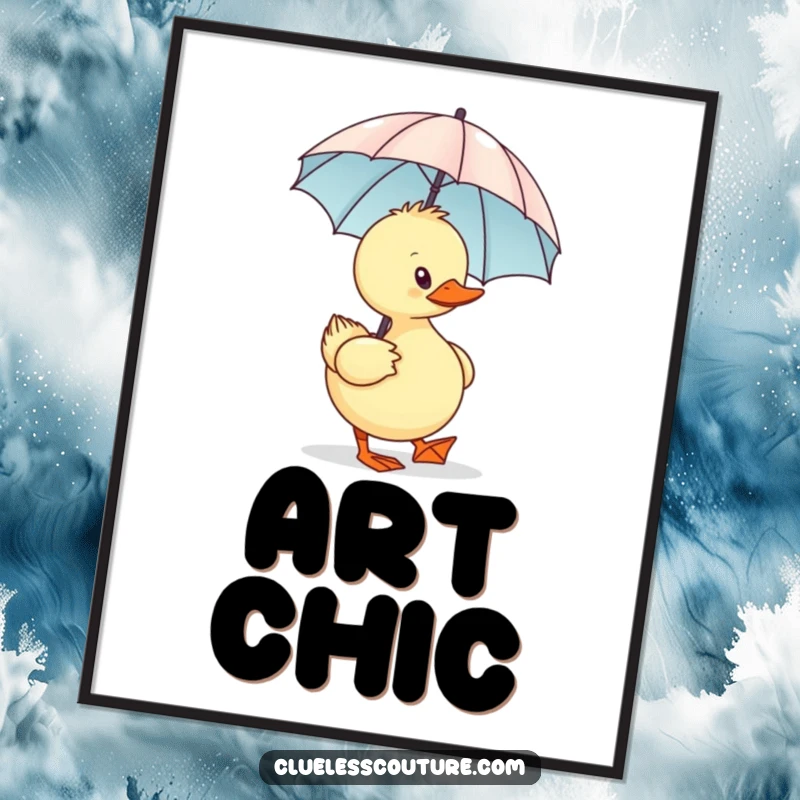 Funny Sassy Duck Digital Art Print, a sassy duck waddling with a minuscule designer umbrella, for humorous wall decor.