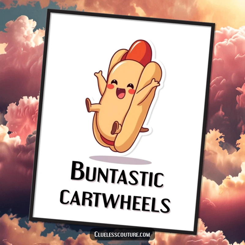 Funny hot dog digital art print of a delighted hot dog doing a cartwheel inside its bun, ideal for instant download.