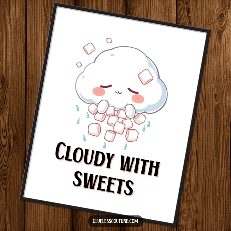 Funny digital art print of a sleepy anthropomorphic cloud character showering marshmallows, offering instant whimsical decor.