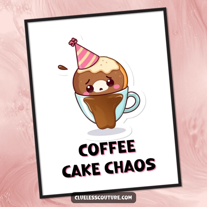 Funny digital artwork of a confused donut wearing a party hat, falling into a coffee cup, ready for printing.