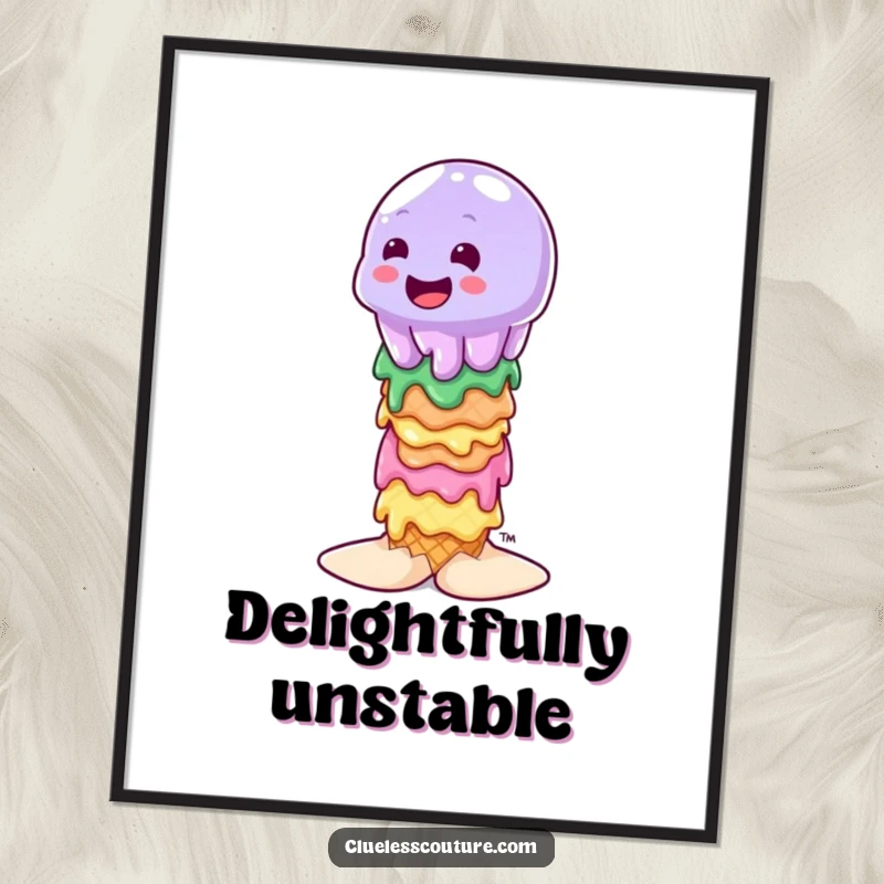 Funny wobbly jelly character attempting to balance on a stack of melting ice cream cones, digital artwork for instant download.