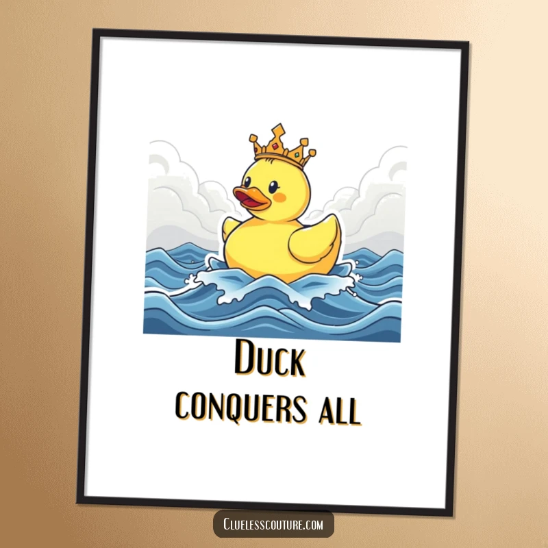Funny digital art print of a crowned rubber ducky triumphantly navigating stormy seas, offering instant humor and inspiration.