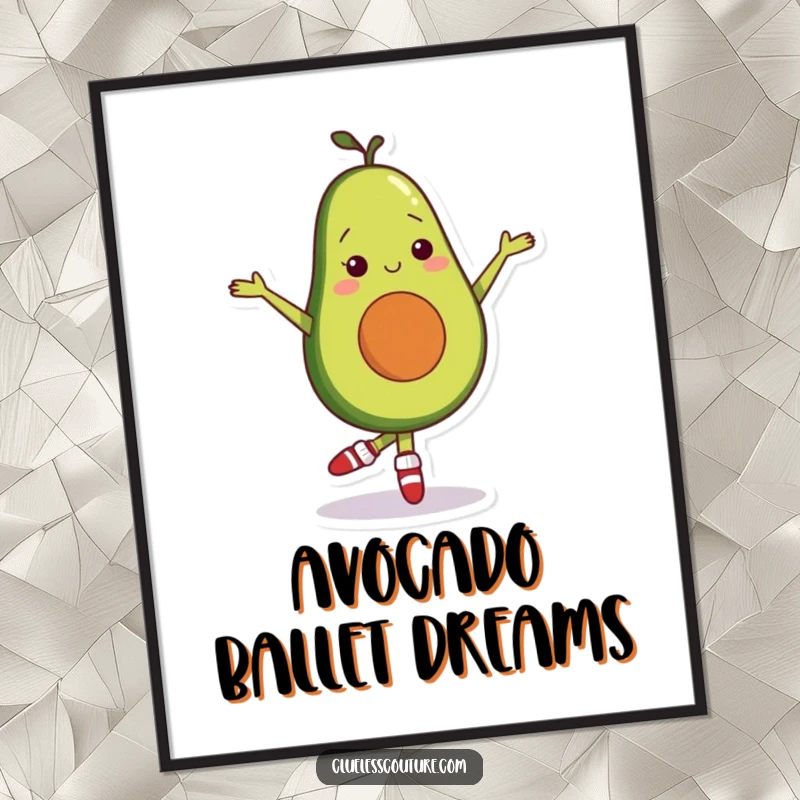 Funny digital artwork of a shy avocado character in mismatched socks, attempting ballet, ready for printing and display.