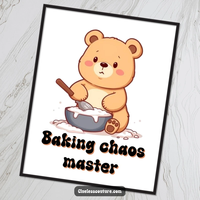 Funny digital art print of a bear comically covered in flour while baking, ready to be printed and displayed.