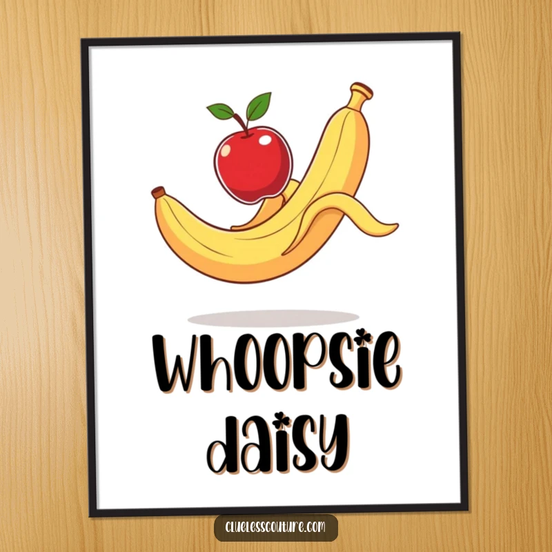 Funny Digital Art Print: A banana peel dramatically slips, launching an apple, a vibrant, humorous illustration.