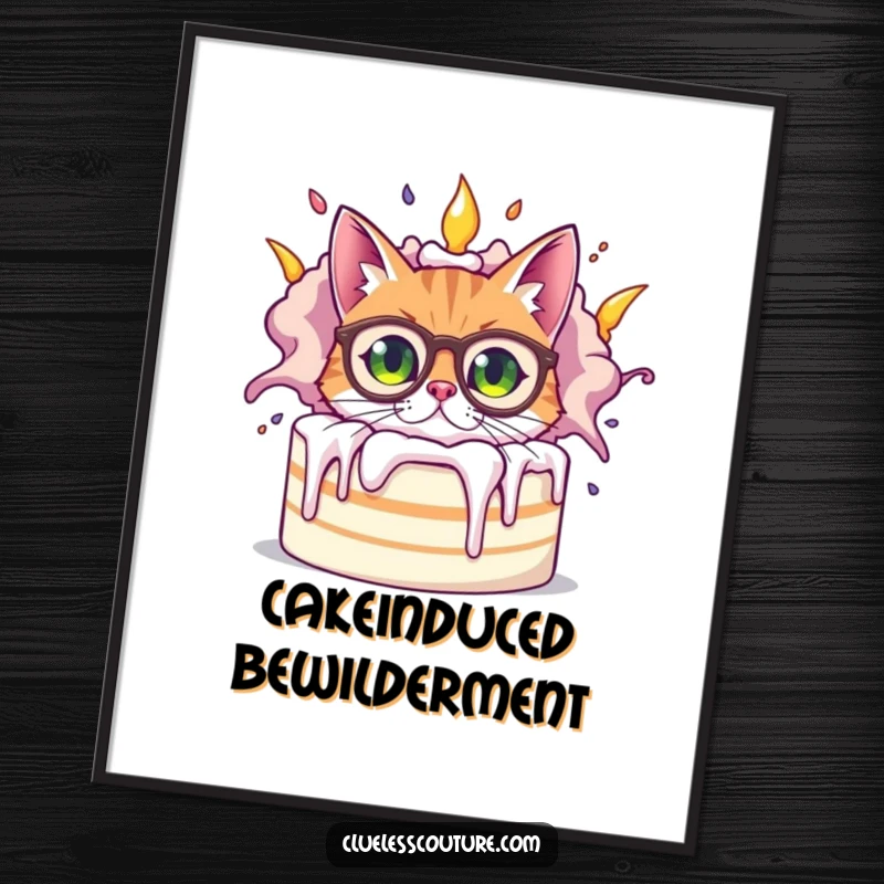 Funny bewildered cat wearing oversized spectacles peeking from behind a giant, exploding cake, a humorous digital artwork download for instant decor.