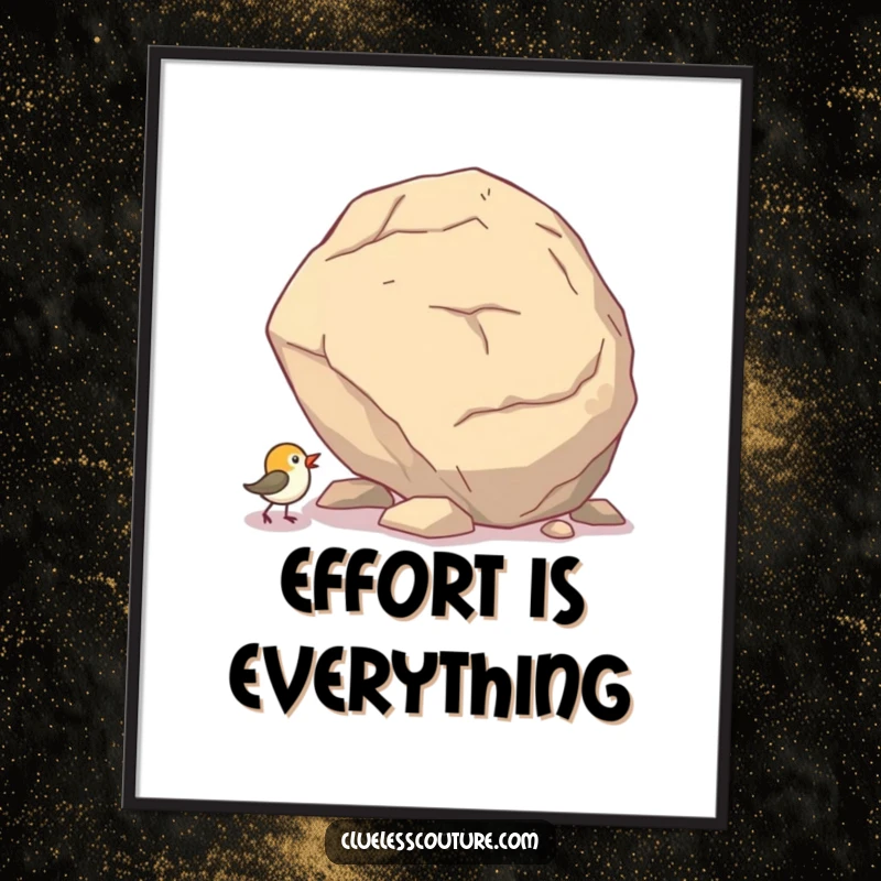 Funny digital art print of a tiny bird comically trying to push a massive boulder uphill, symbolizing perseverance.