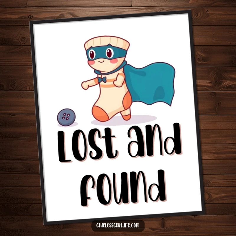 Funny digital art of a brave sock with a superhero cape rescuing a lost button, offering instant heroic and humorous wall decor.