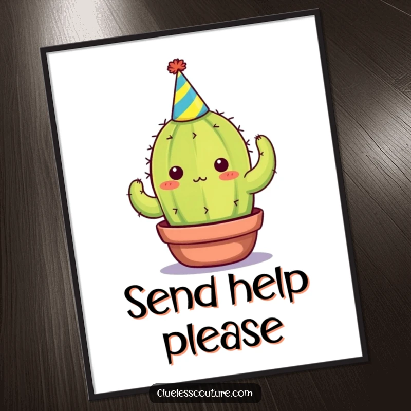 Funny digital art print of a cactus with a party hat overwhelmed by life, perfect for digital download and wall decor, a funny gift.