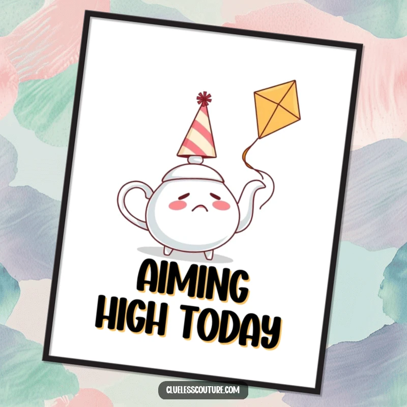 Funny digital art of a confused teapot with a party hat trying to fly a kite, offering instant humorous wall decor.